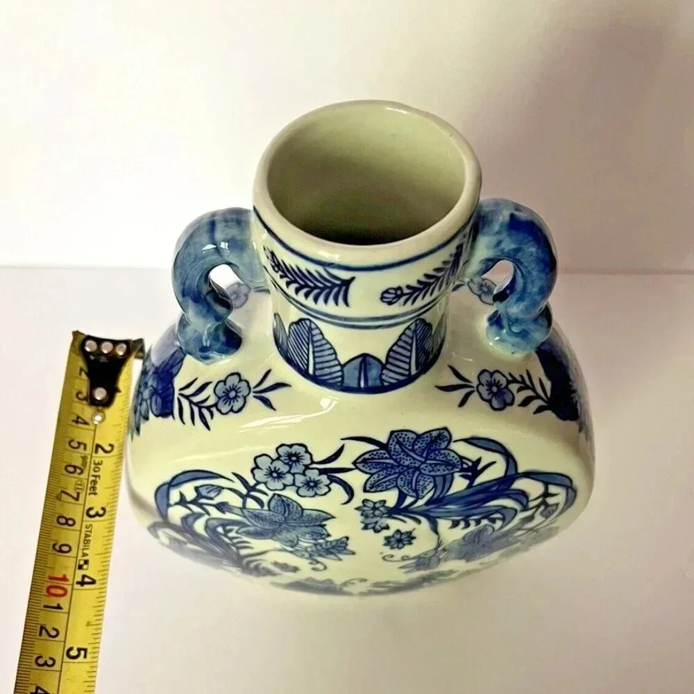 NEW Blue & White Floral Round Ceramic Bud Vase Jar with Handles 11